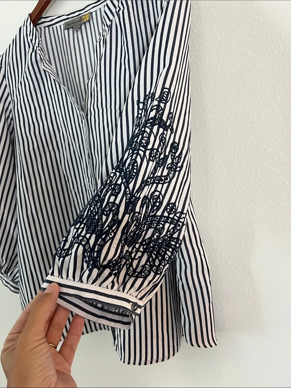 Boutique Black & White Striped Button-Down Blouse with Embroidered Sleeves